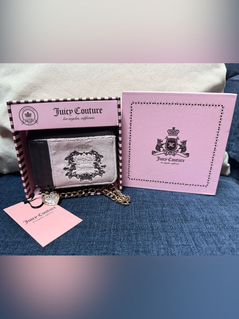 Juicy Couture Pink Velvet & Black Leather Chain Wallet with Gold Hardware